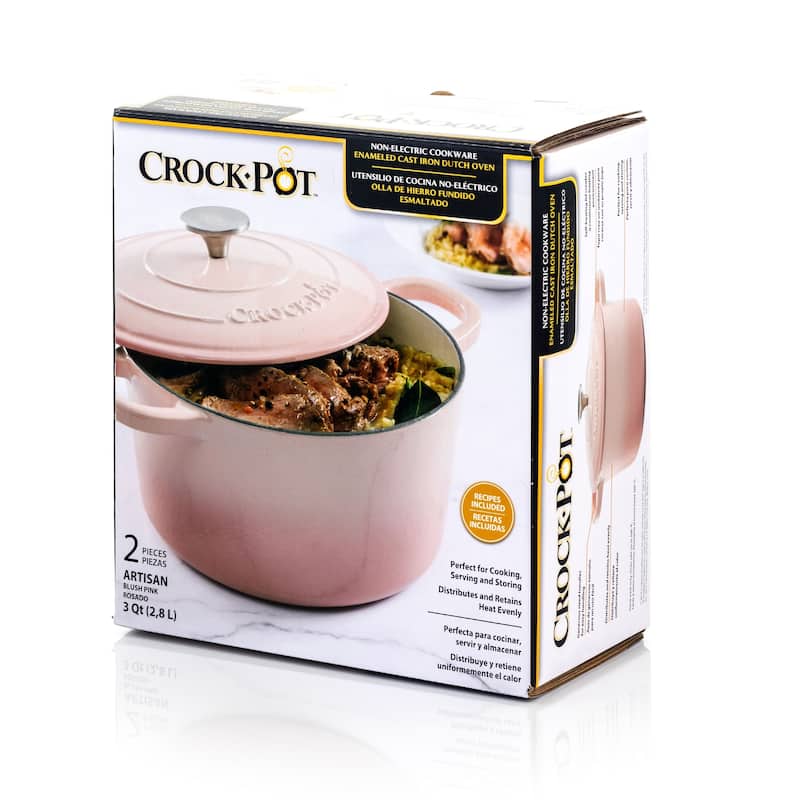 Crock-Pot Artisan 2Pc 3Qt Enamled Cast Iron Dutch Oven Blush Pink