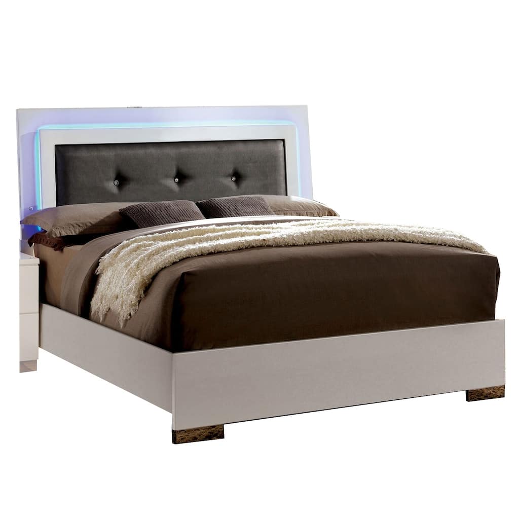 Contemporary Full Bed with LED Trim and Lacquer Coating, White and Gray