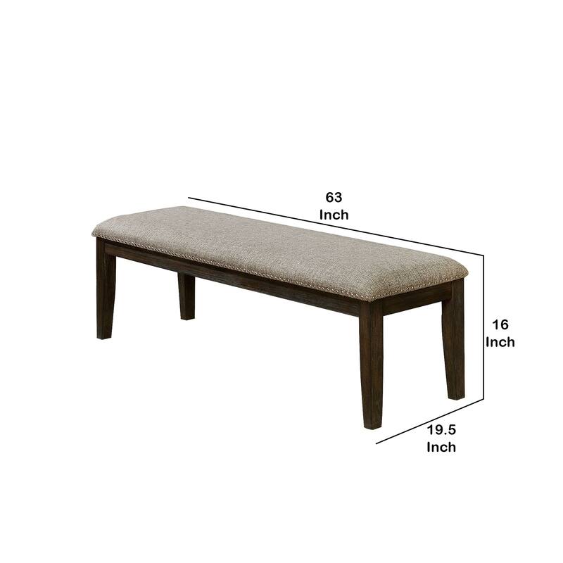 Fabric Upholstered Bench with Nailhead Trim and Tapered Legs, Gray and Espresso