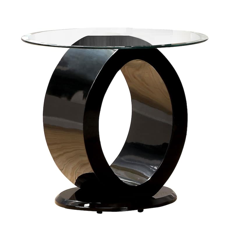 Contemporary Tempered Glass Top End Table with O Shape Base, Black