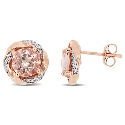 Miadora 10k Rose Gold Morganite and 1/10ct TDW Diamond Swirl Halo Stud Earrings