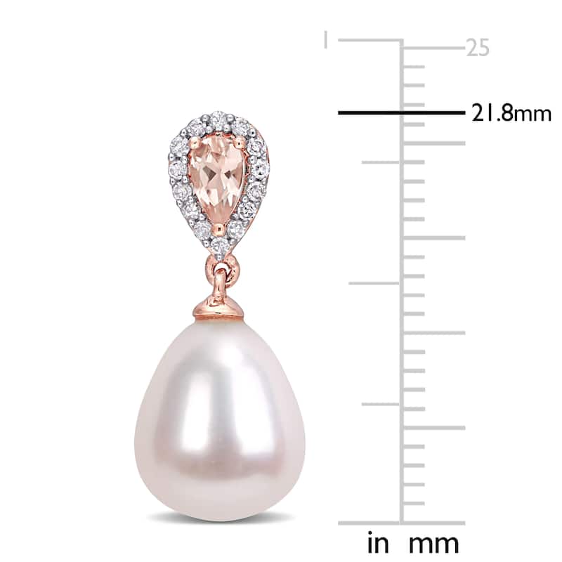 Miadora 10k Rose Gold Cultured FW Pearl, 1/6ct TDW Diamond & Morganite Drop Halo Earrings (9-9.5 MM)