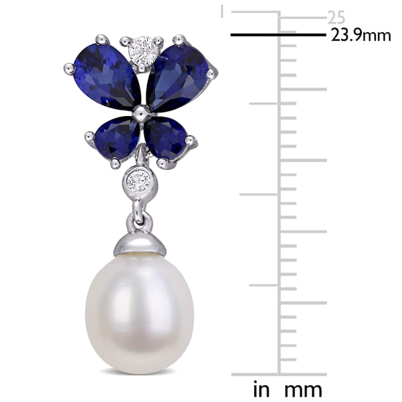 Miadora Sterling Silver Cultured FW Pearl Created Sapphire Butterfly Drop Earrings (8-8.5 MM)