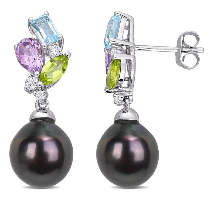 Miadora 10k White Gold Tahitian Cultured Pearl & Multi-gemstone Drop Earrings (9-9.5 MM)