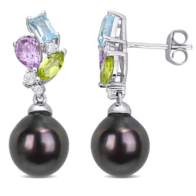 Miadora 10k White Gold Tahitian Cultured Pearl & Multi-gemstone Drop Earrings (9-9.5 MM)