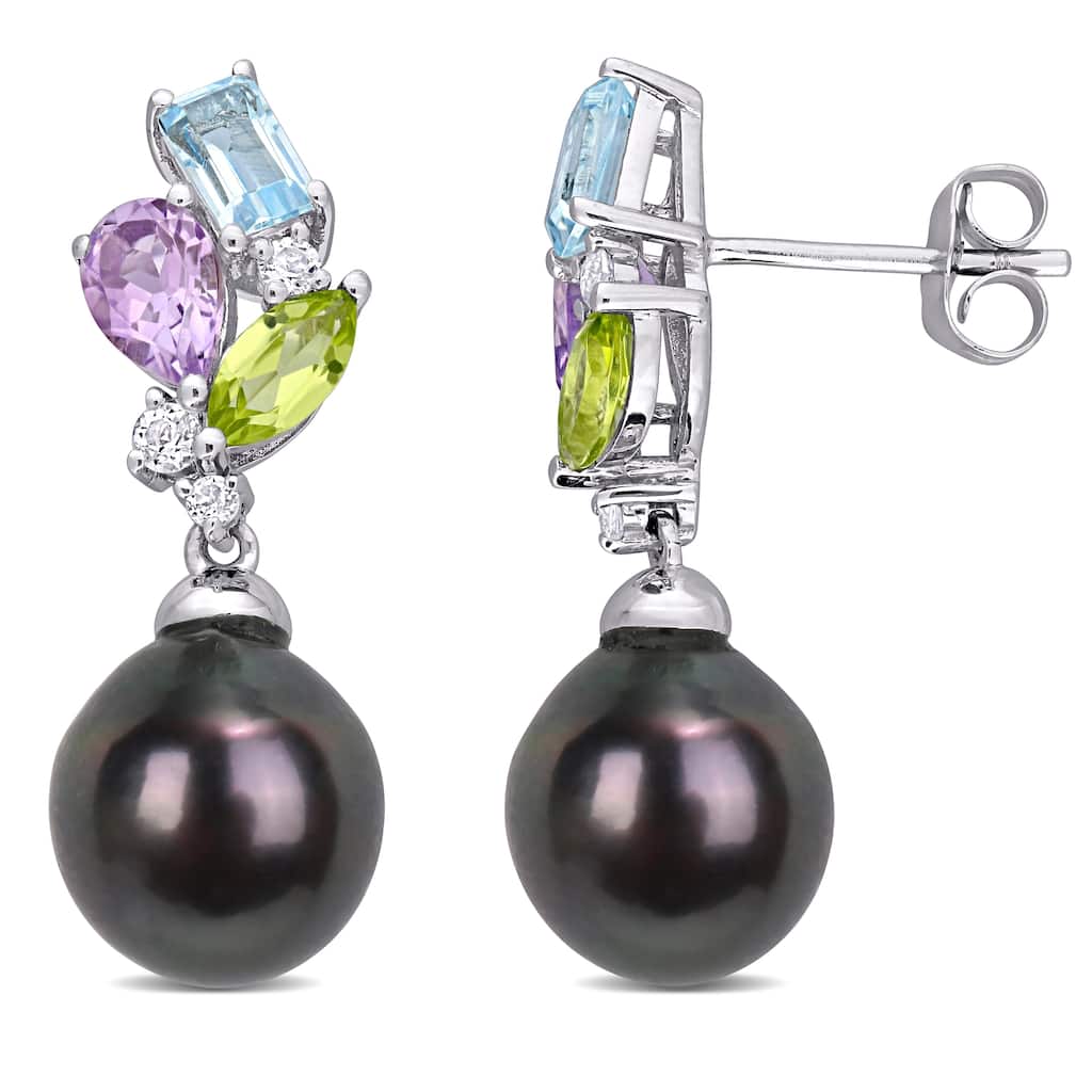 Miadora 10k White Gold Tahitian Cultured Pearl & Multi-gemstone Drop Earrings (9-9.5 MM)