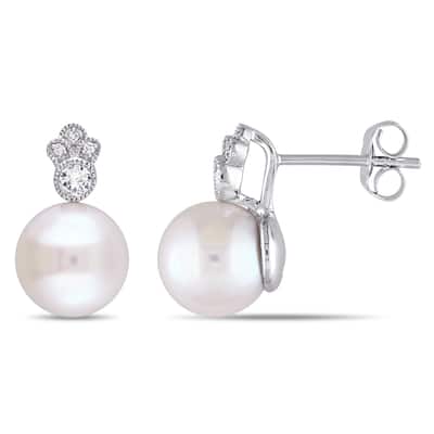 Miadora 10k White Gold Cultured FW Pearl, Sapphire & Diamond Accent Earrings (8-8.5 MM)