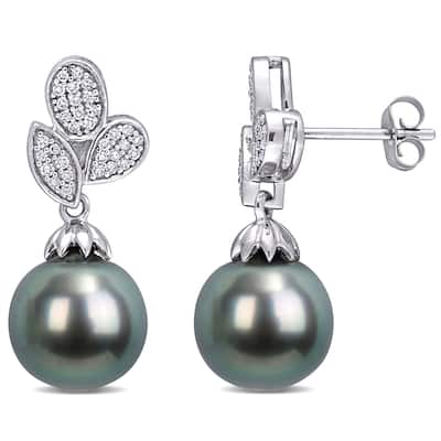 Miadora 10k White Gold Tahitian Cultured Pearl & 1/5ct Diamond Leaf Drop Earrings (9-9.5 MM)