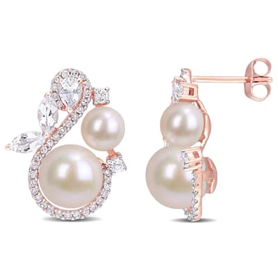 Miadora 10k Rose Gold Cultured FW Pearl White Topaz & 1/3ct Diamond Swirl Drop Earrings (5-8.5 MM)