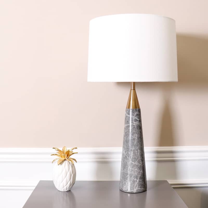 Pasargad Home Grey Marble Radiance Table Lamp, White Shade with On-Off Switch - H29" x W15" x D15"