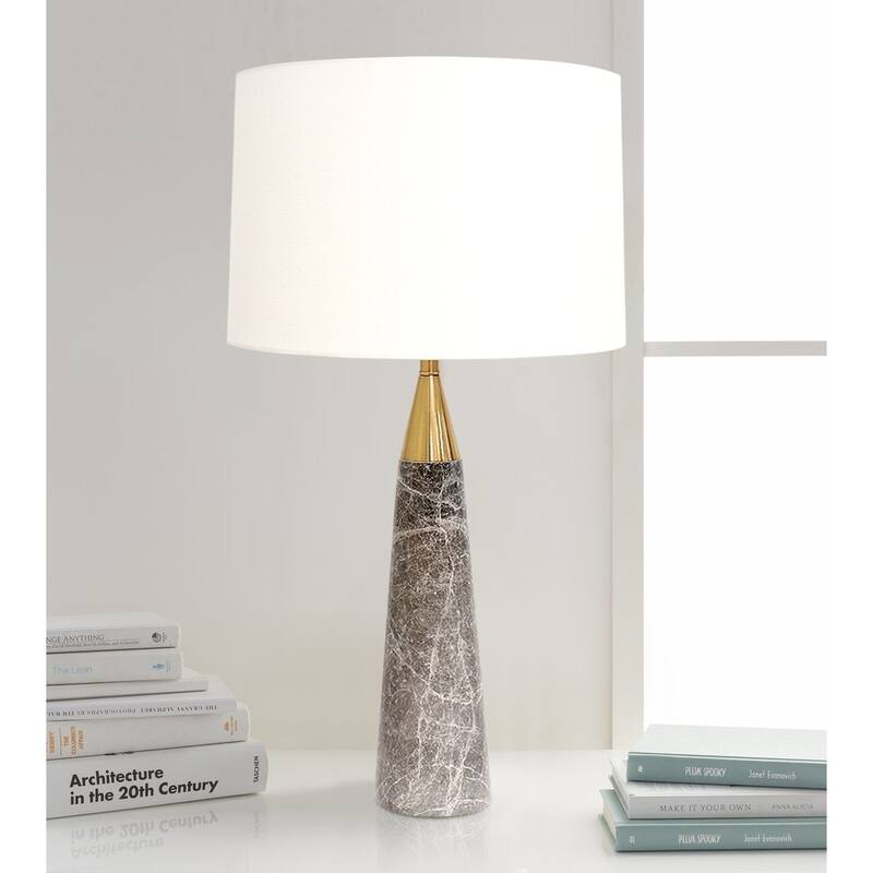 Pasargad Home Grey Marble Radiance Table Lamp, White Shade with On-Off Switch - H29" x W15" x D15"
