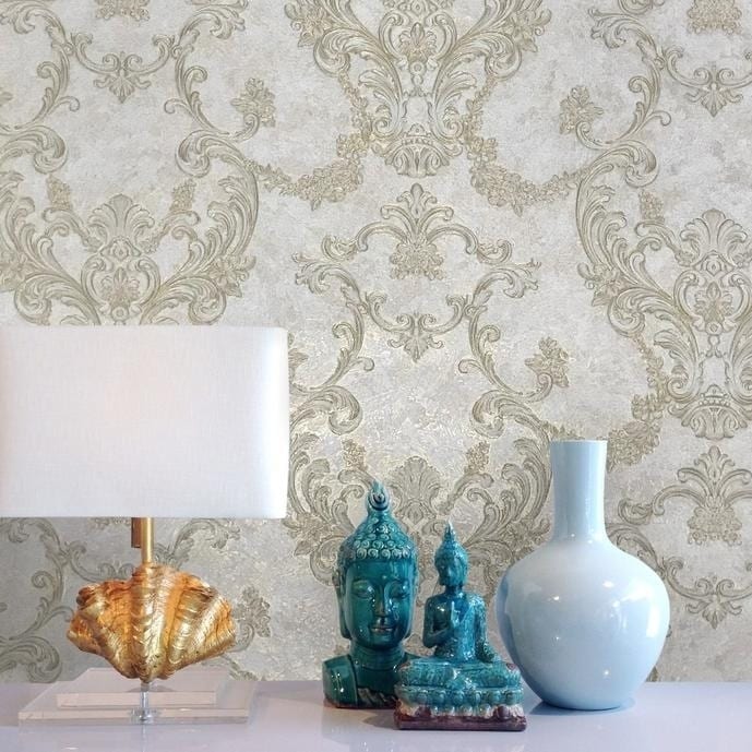Overstock Wallpaper textured damask gray ivory Gold Metallic wallcoverings