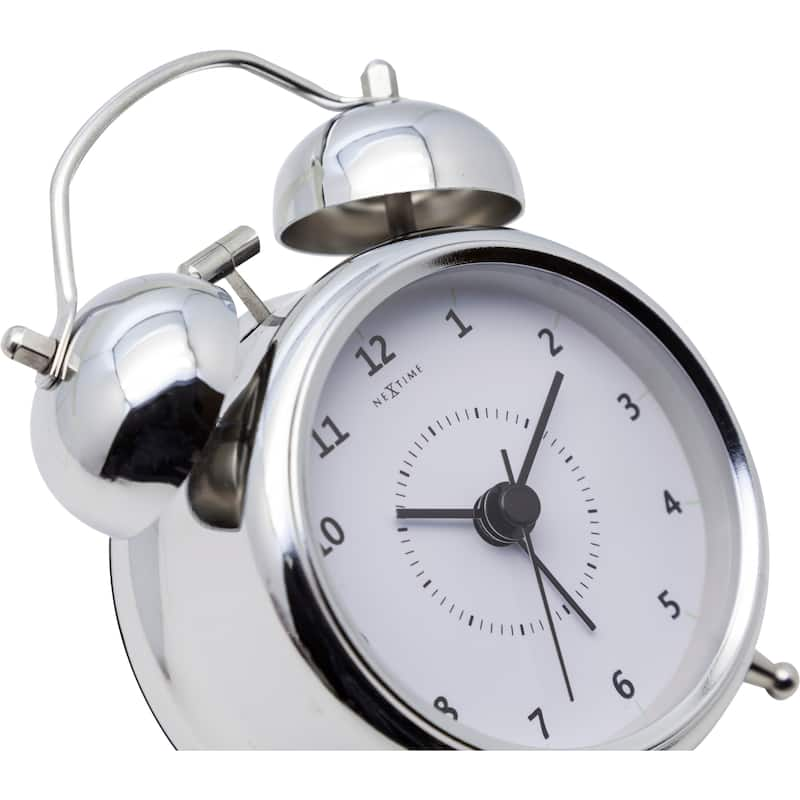 Unek Goods NeXtime Small Wake Up Alarm Clock, Shiny Silver, Bell Alarm, White Face, Battery Operated