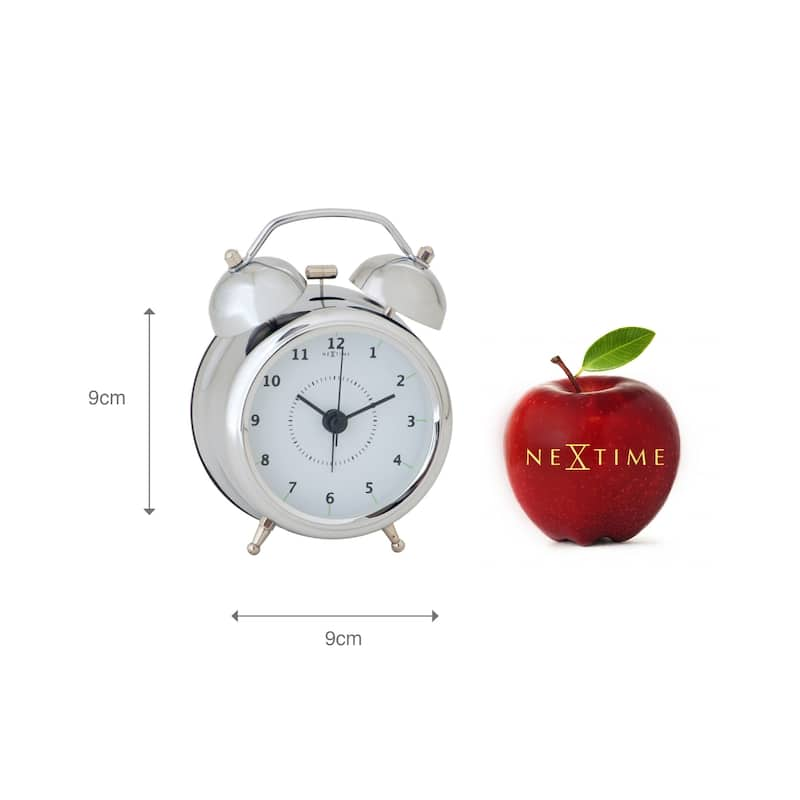 Unek Goods NeXtime Small Wake Up Alarm Clock, Shiny Silver, Bell Alarm, White Face, Battery Operated