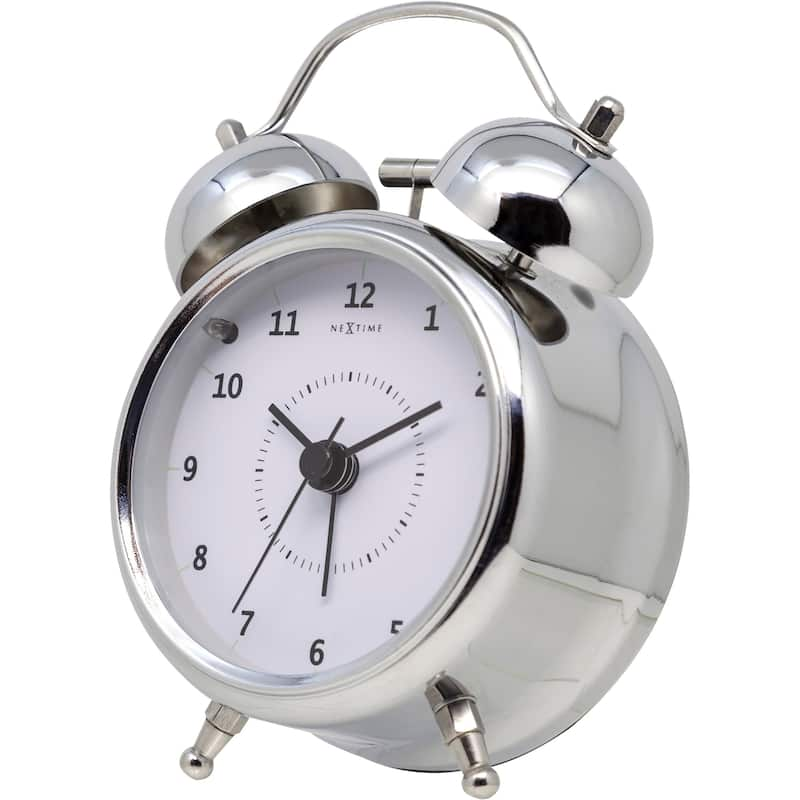 Unek Goods NeXtime Small Wake Up Alarm Clock, Shiny Silver, Bell Alarm, White Face, Battery Operated