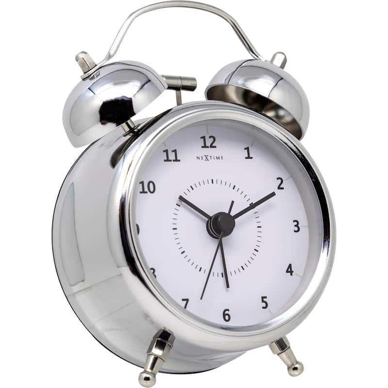 Unek Goods NeXtime Small Wake Up Alarm Clock, Shiny Silver, Bell Alarm, White Face, Battery Operated