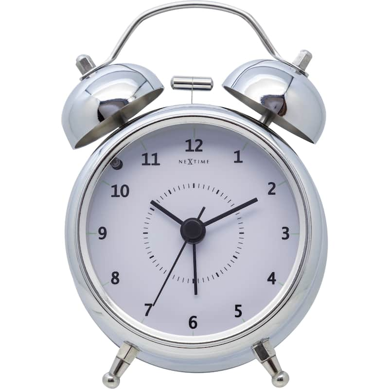 Unek Goods NeXtime Small Wake Up Alarm Clock, Shiny Silver, Bell Alarm, White Face, Battery Operated