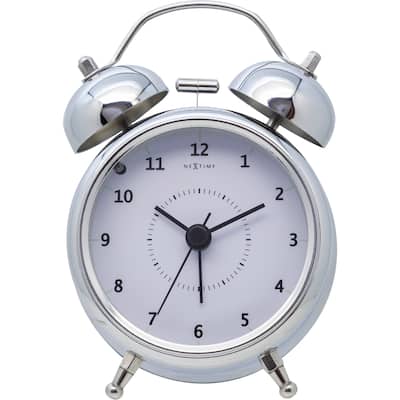 Unek Goods NeXtime Small Wake Up Alarm Clock, Shiny Silver, Bell Alarm, White Face, Battery Operated