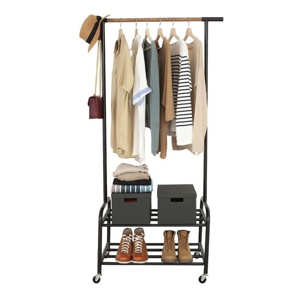 Shop Black Friday Deals On Metal Rolling Clothing Garment Rack On Wheels With 2 Tier Storage Shelves Freestanding Closet In Black Overstock 30753730