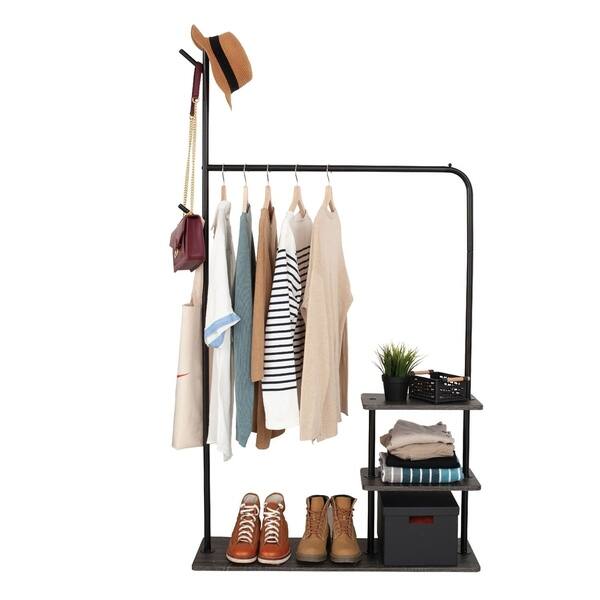 Shop Black Friday Deals On Garment Rack With 3 Tier Wood Storage Shelves And Coat Hanger Freestanding Closet In Metal Industrial Style Black And Brown Overstock 30753731