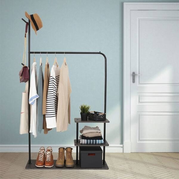 Shop Garment Rack With 3 Tier Wood Storage Shelves And Coat Hanger