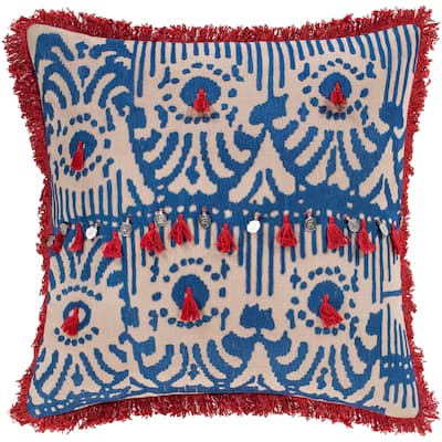 Wallie Embroidered Ikat Red and Blue Throw Pillow