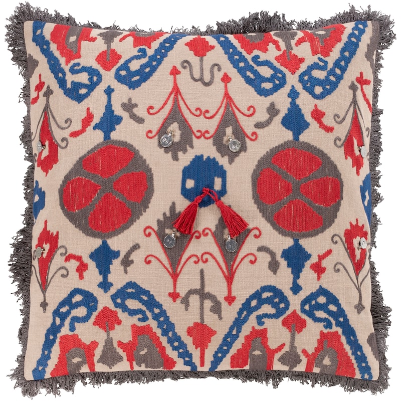 Wallie Embroidered Tribal Red and Blue Throw Pillow - 22" x 22" - Feather Down