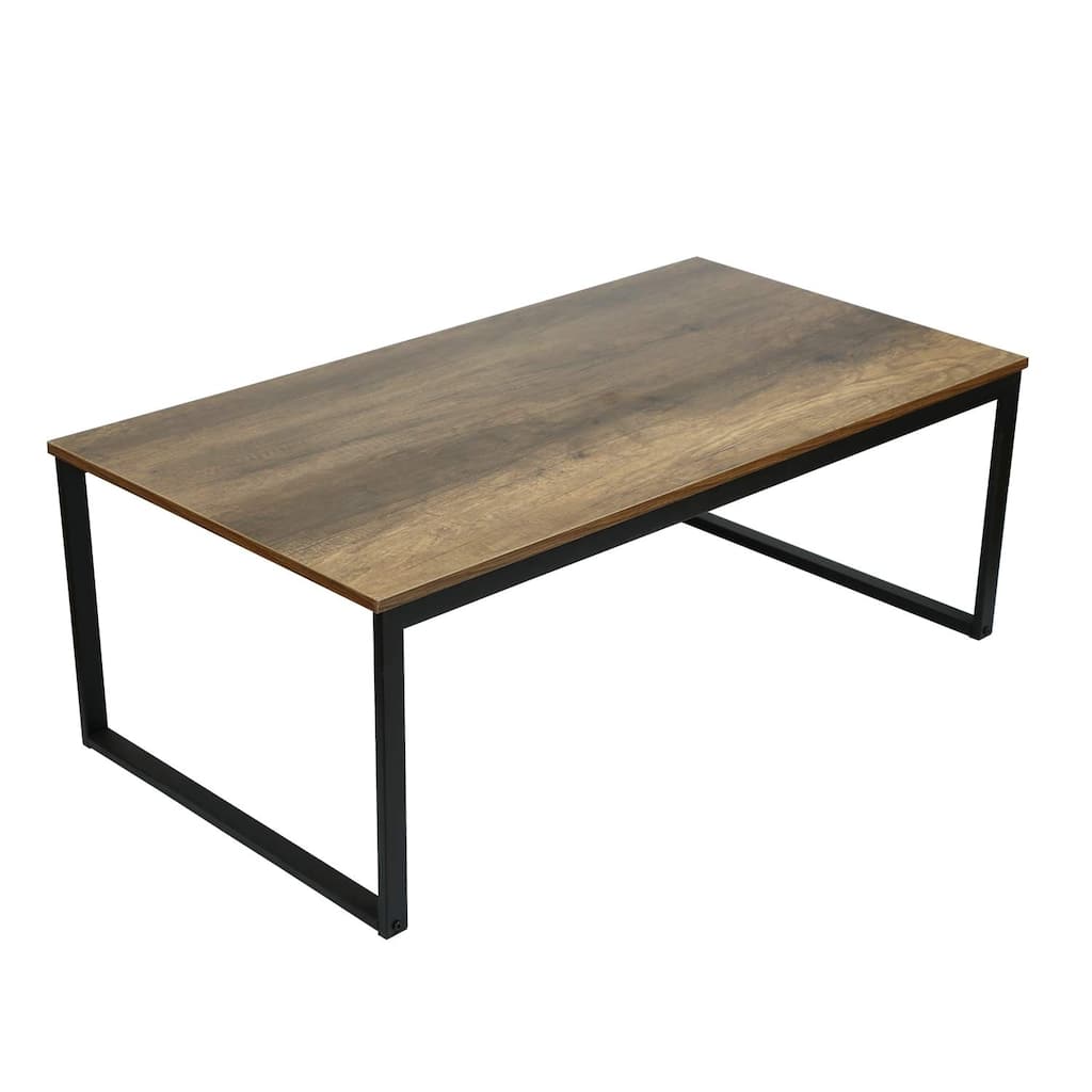 Adeco Classic Wood Top Single Teir Coffee Table with Black Metal Legs