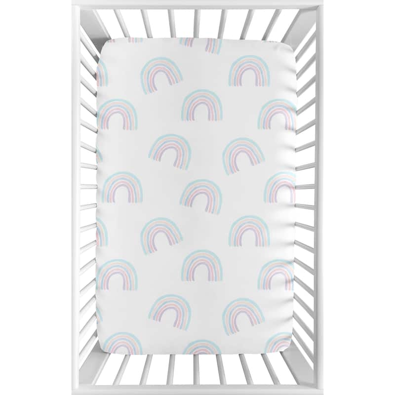 Pastel Rainbow Collection Baby Girl Fitted Mini Portable Crib Sheet - Blush Pink Purple Teal Blue White