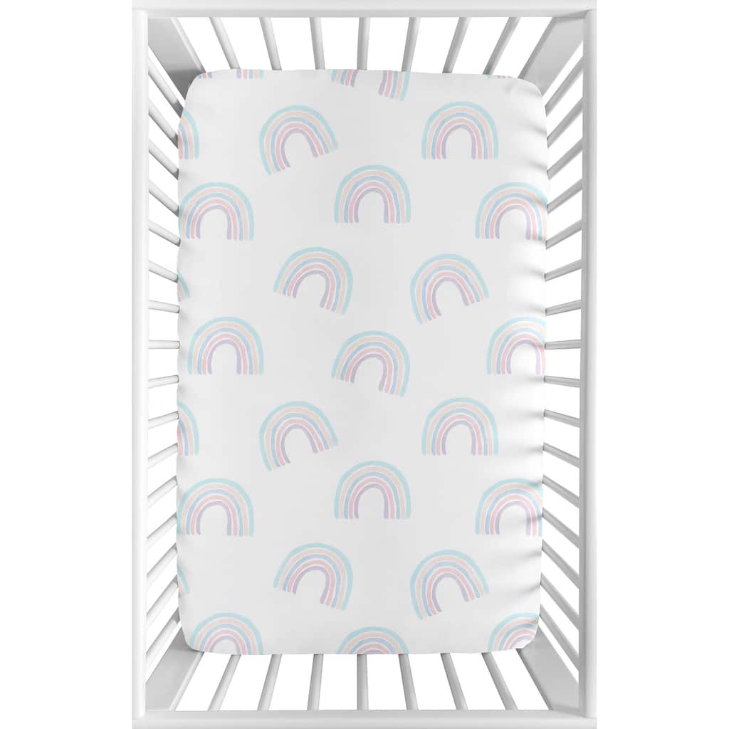 Pastel Rainbow Collection Baby Girl Fitted Mini Portable Crib Sheet - Blush Pink Purple Teal Blue White