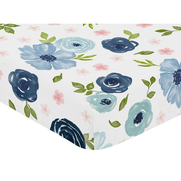 Shop Navy Blue And Pink Watercolor Floral Girl Fitted Crib Sheet