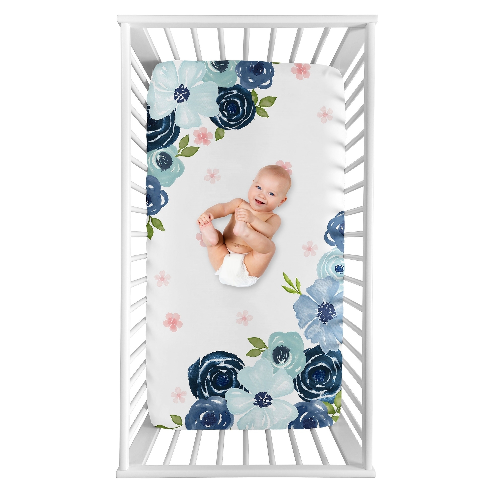 Navy Blue Pink Watercolor Floral Girl Photo Op Fitted Crib Sheet - Blush Green White Shabby Chic Rose Flower