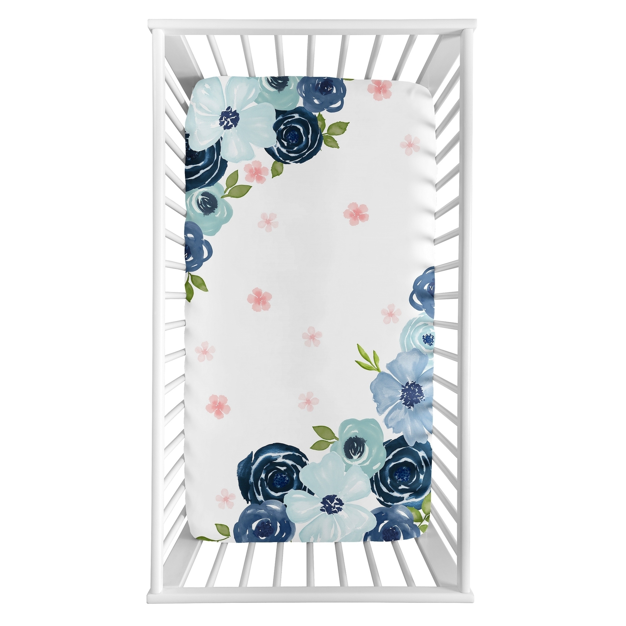 Shop Navy Blue Pink Watercolor Floral Girl Photo Op Fitted Crib