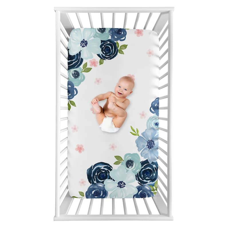 Navy Blue Pink Watercolor Floral Girl Photo Op Fitted Crib Sheet - Blush Green White Shabby Chic Rose Flower