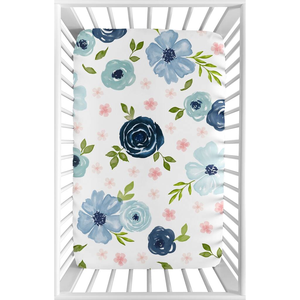Navy Blue and Pink Watercolor Floral Baby Girl Fitted Mini Crib Sheet - Blush Green White Shabby Chic Flower