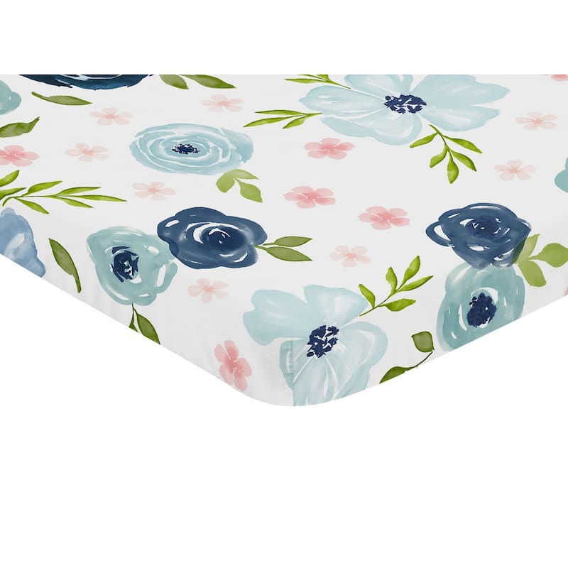 Navy Blue and Pink Watercolor Floral Baby Girl Fitted Mini Crib Sheet - Blush Green White Shabby Chic Flower