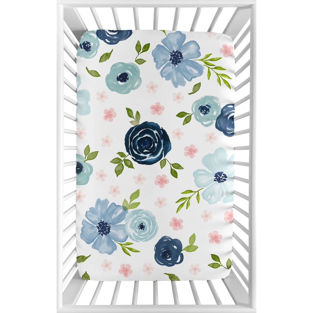 Navy Blue and Pink Watercolor Floral Baby Girl Fitted Mini Crib Sheet - Blush Green White Shabby Chic Flower