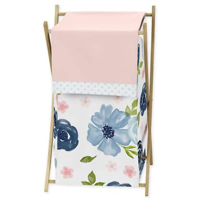 Navy Blue Pink Watercolor Floral Laundry Hamper - Blush Green White Shabby Chic Rose Flower Polka Dot