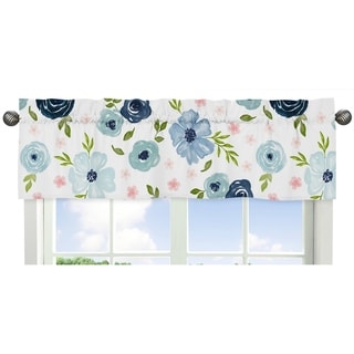 Navy Blue and Pink Watercolor Floral Window Curtain Valance - Blush, Green and White Shabby Chic Rose Flower