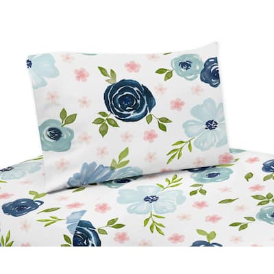 Navy Blue and Pink Watercolor Floral 4-piece Queen Sheet Set - Blush, Green and White Shabby Chic Rose Flower