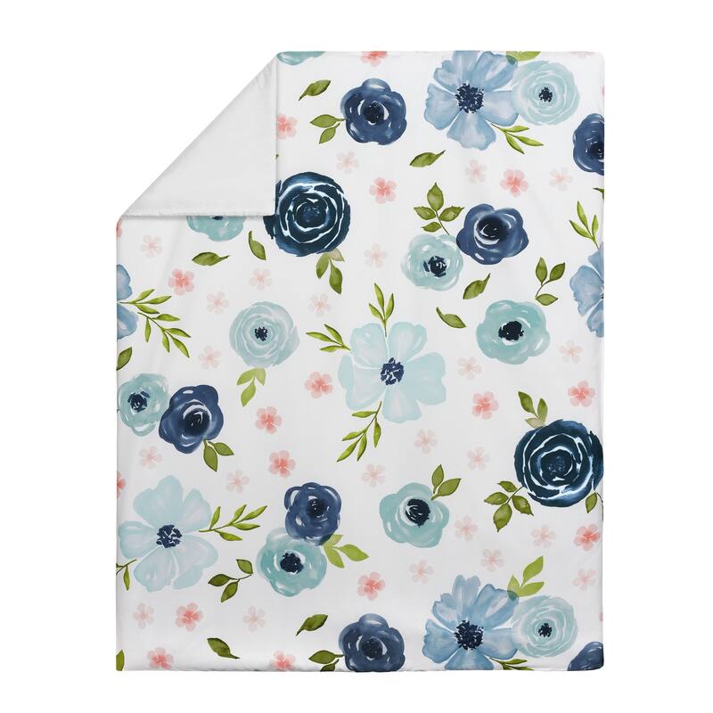 Navy Blue and Pink Watercolor Floral Girl 5pc Toddler Comforter Set - Blush Green White Shabby Chic Flower