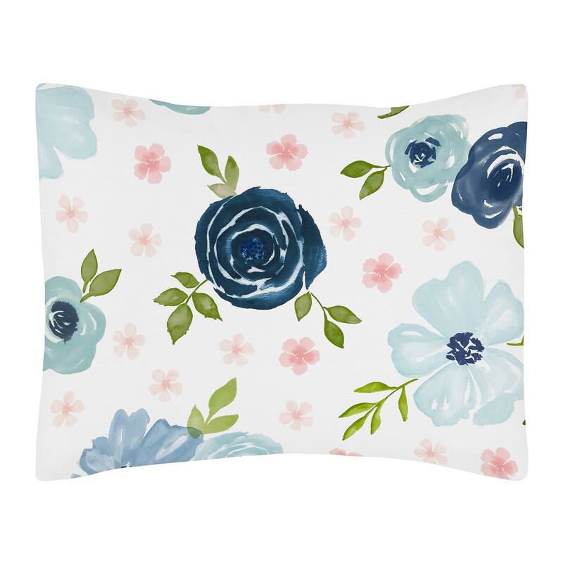 Navy Blue and Pink Watercolor Floral Girl 5pc Toddler Comforter Set - Blush Green White Shabby Chic Flower
