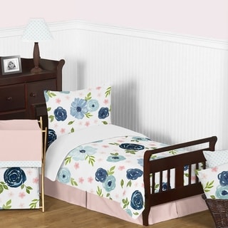 Navy Blue and Pink Watercolor Floral Girl 5pc Toddler Comforter Set - Blush Green White Shabby Chic Flower