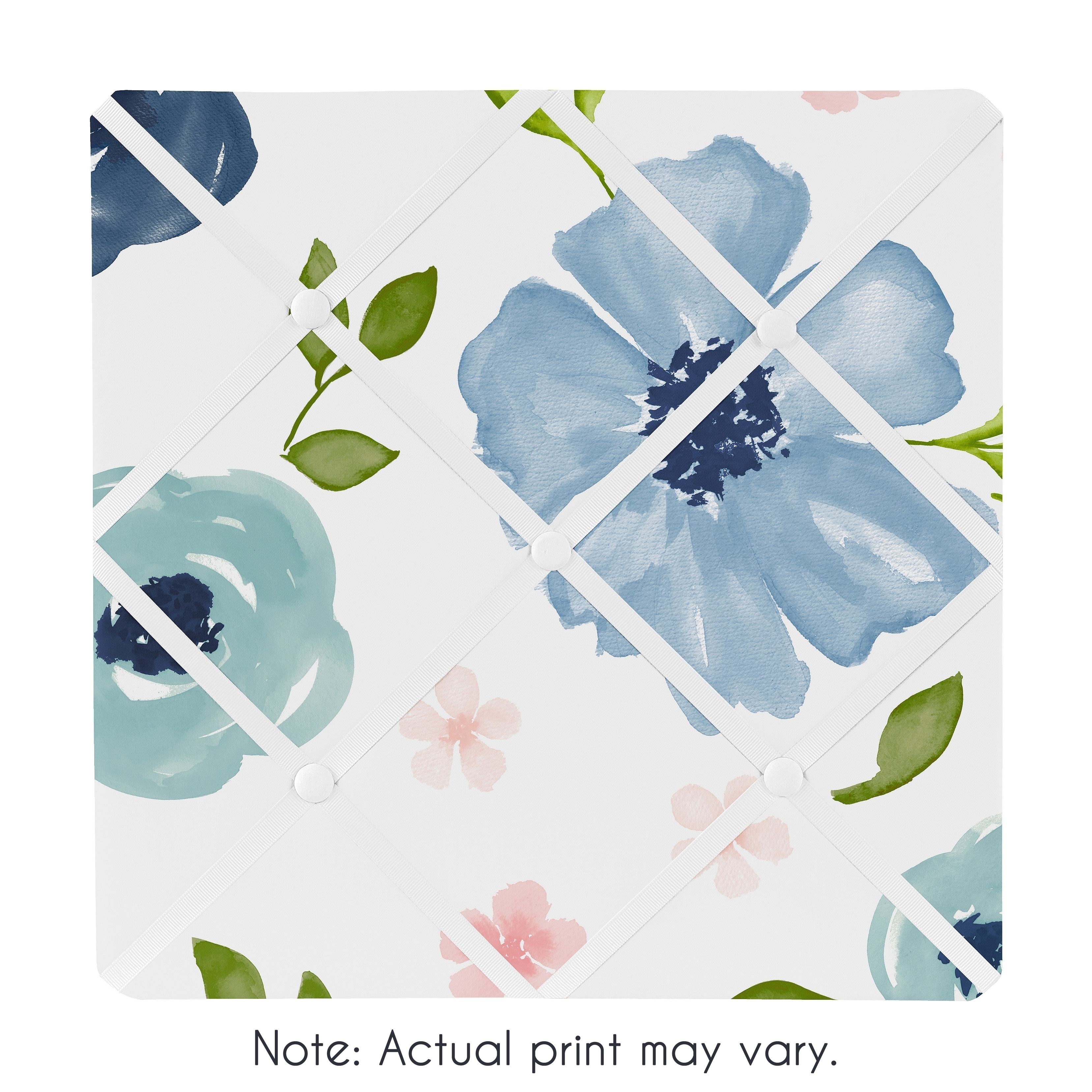 Navy Blue Pink Watercolor Floral 13in Fabric Memory Photo Bulletin Board - Blush Green White Shabby Chic Rose