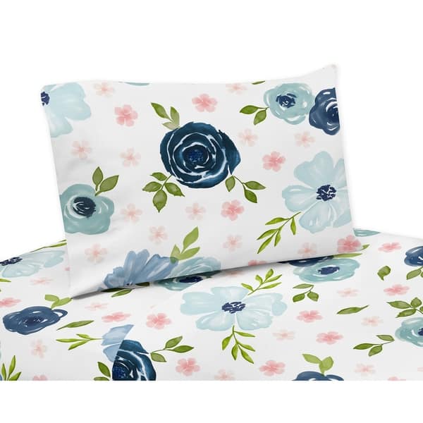Navy Blue and Pink Watercolor Floral 3piece Twin Sheet Set Blush