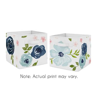 Navy Blue and Pink Watercolor Floral Foldable Fabric Storage Bins - Blush Green White Shabby Chic Rose Flower