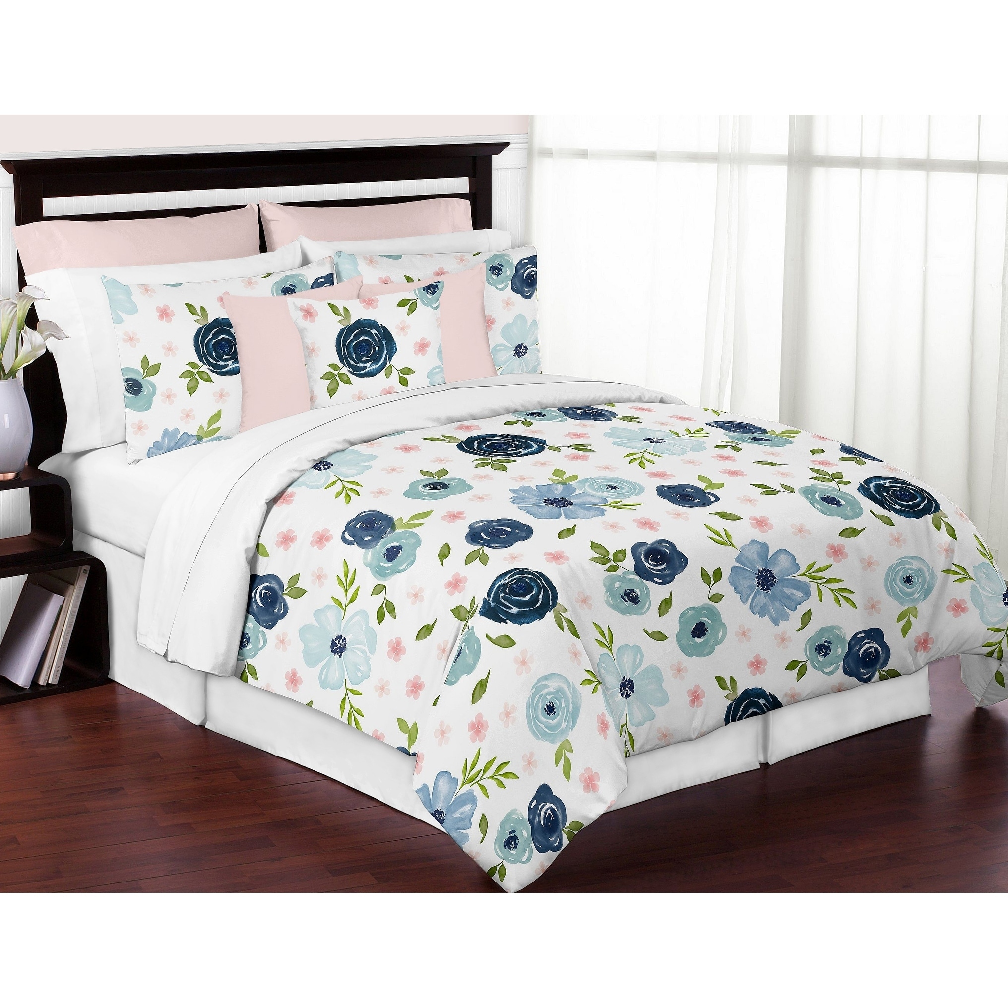 Navy Blue And Pink Watercolor Floral Girl 3pc Full Queen Comforter Set Blush Green White Shabby Chic Flower Overstock 30757357