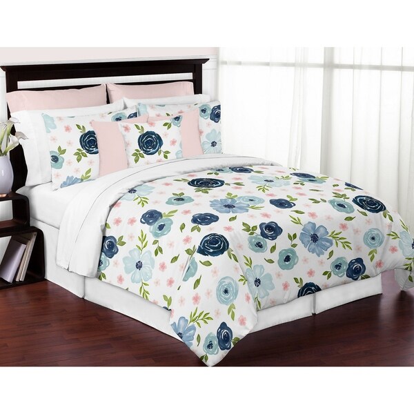 Navy Blue and Pink Watercolor Floral Girl 3pc Full Queen 