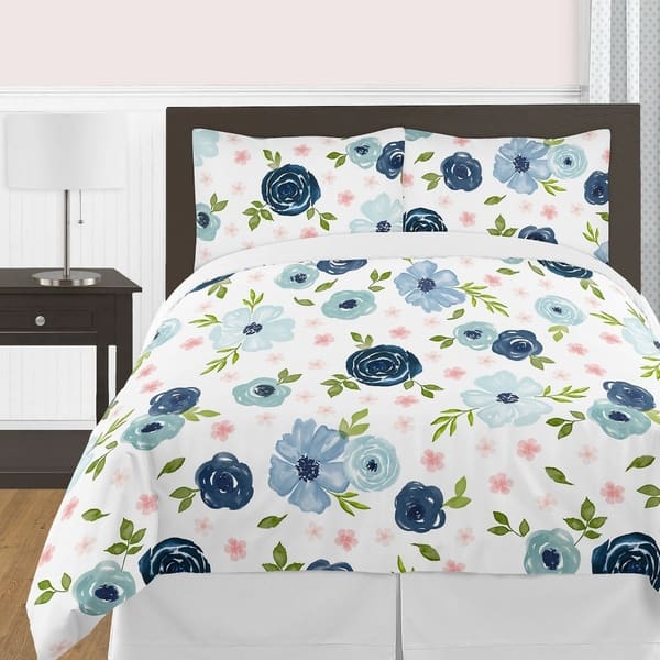 Navy Blue And Pink Watercolor Floral Girl 3pc Full Queen Comforter Set Blush Green White Shabby Chic Flower Overstock 30757357