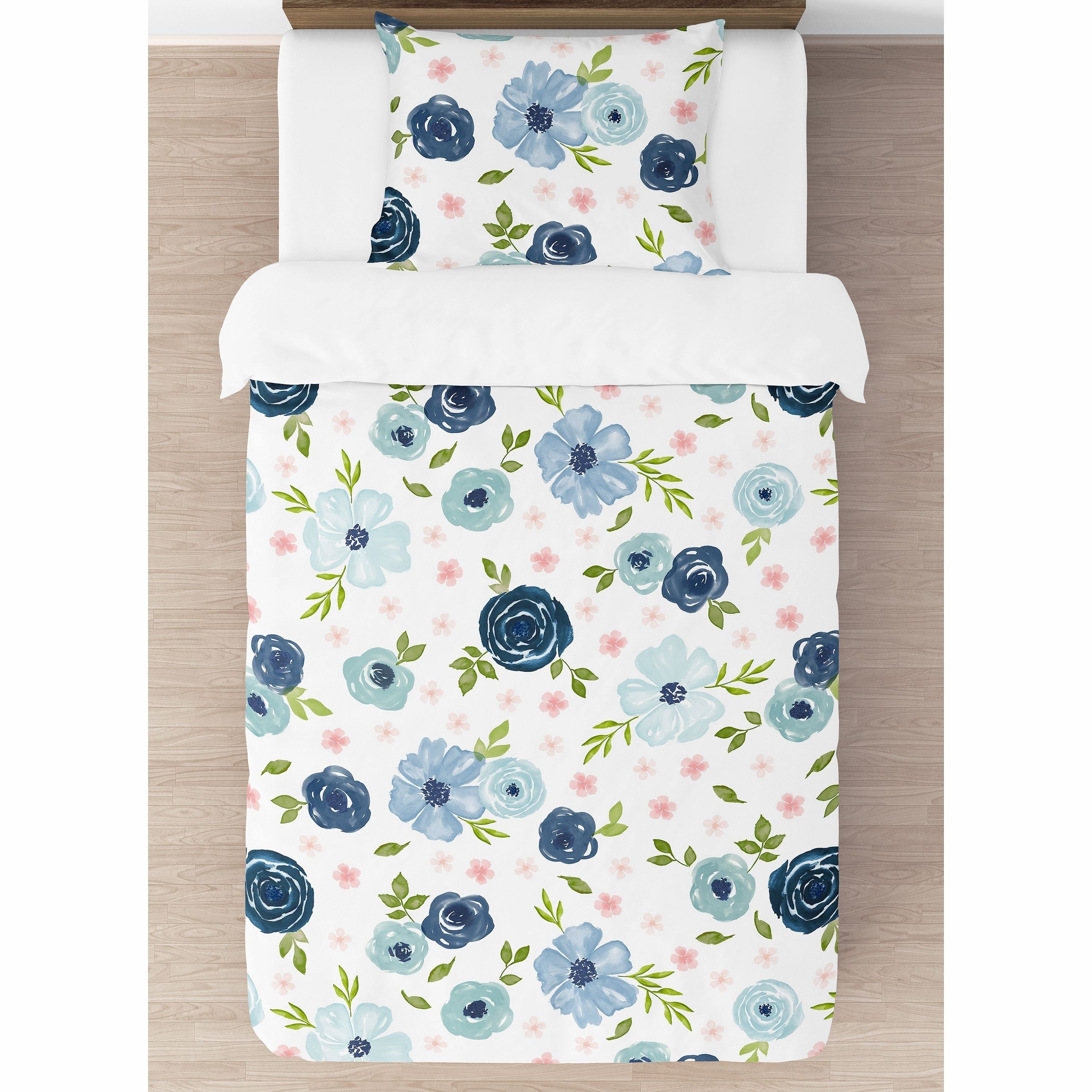Navy Blue and Pink Watercolor Floral Girl 4pc Twin Comforter Set - Blush  Green White Shabby Chic Rose Flower - Bed Bath & Beyond - 30757358
